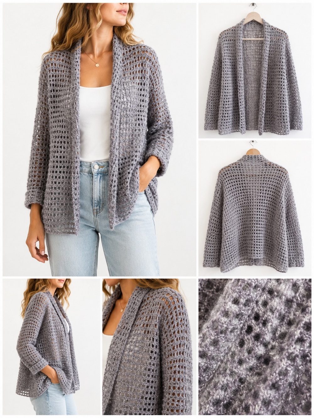 Pale Lilac Handmade Crochet Open Front Cardigan. Cotton blend.Size S .
